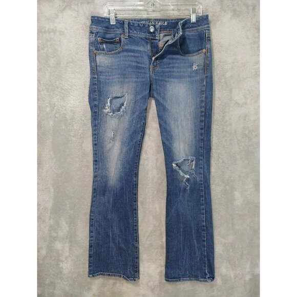 American Eagle Jeans Womens 6 Blue Denim Kick Boot Distressed Medium Wash - Picture 1 of 9